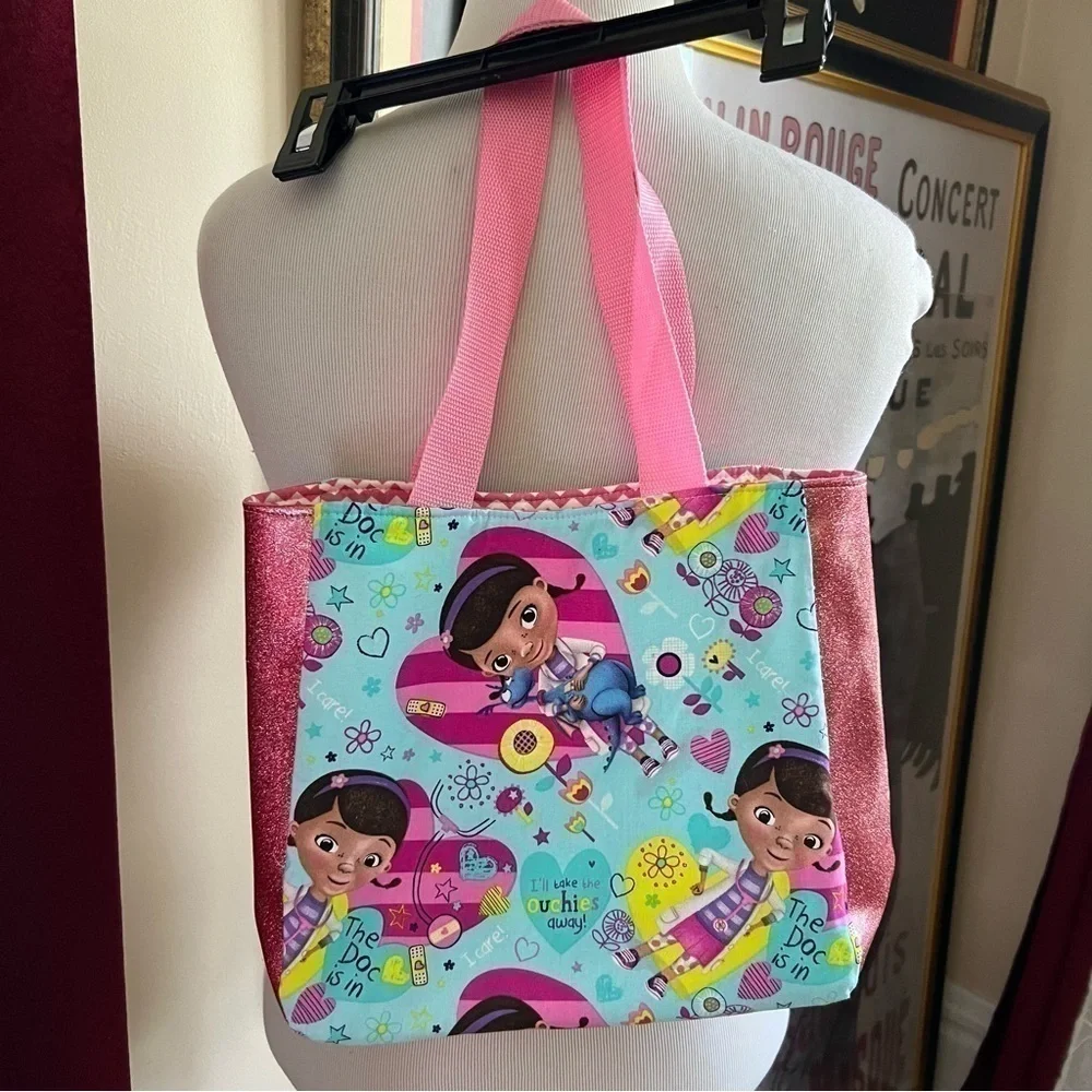 Doc McStuffins Stuffy Homemade Take The Ouchies Away Print Pink Glitter Tote